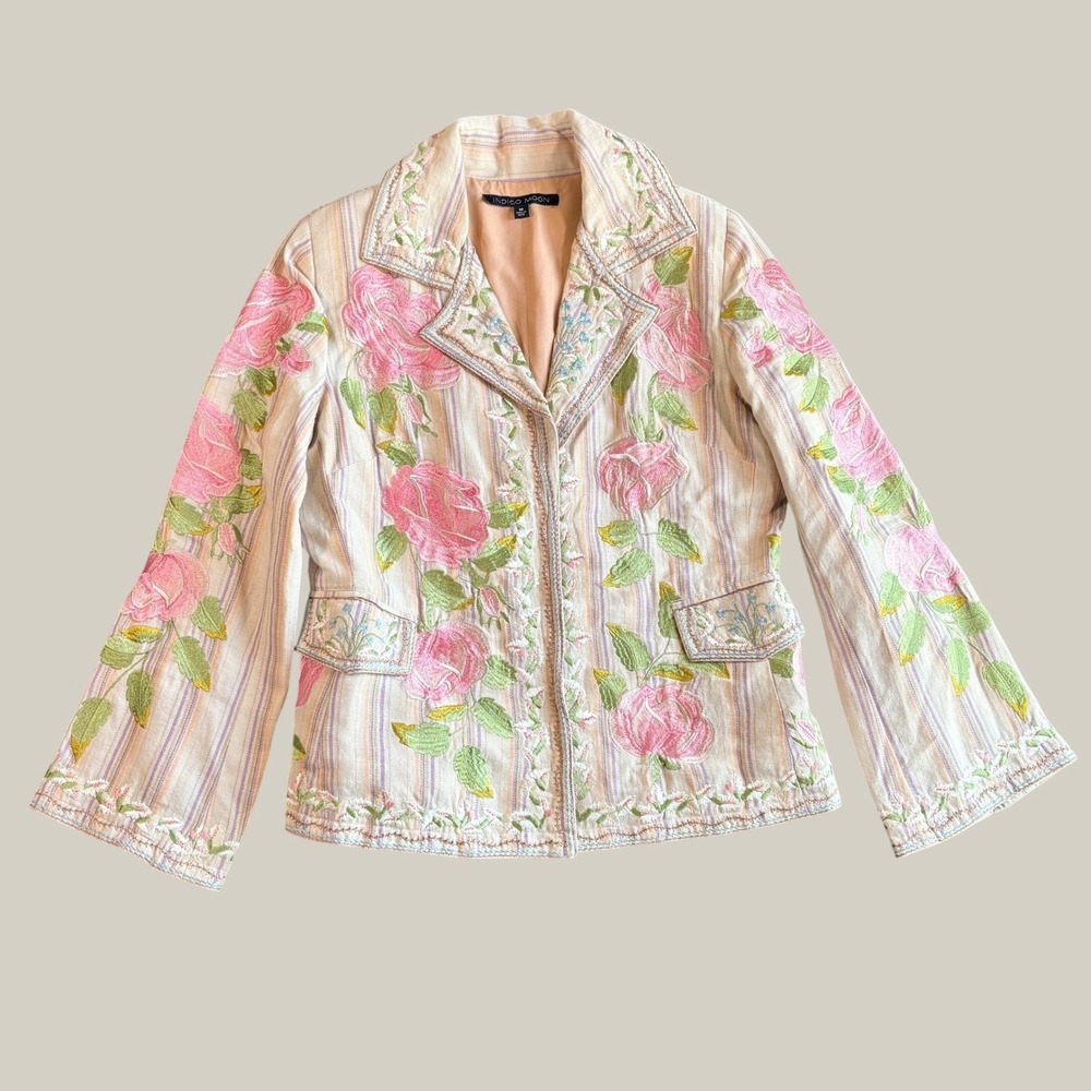 Indigo Moon Womens Jacket M Beige Cotton Floral Embroidered Striped Blazer
